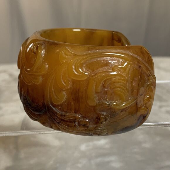 Vintage Carved Lucite Faux Amber Wide Cuff Bracelet Art Deco Style Floral Scroll - Picture 5 of 11